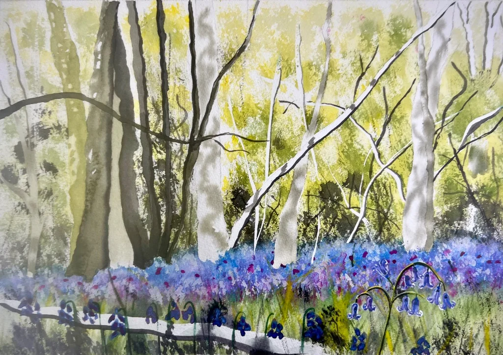Bluebell Woods - Hand-painted watercolour flower painting by Simon Robin Stephens