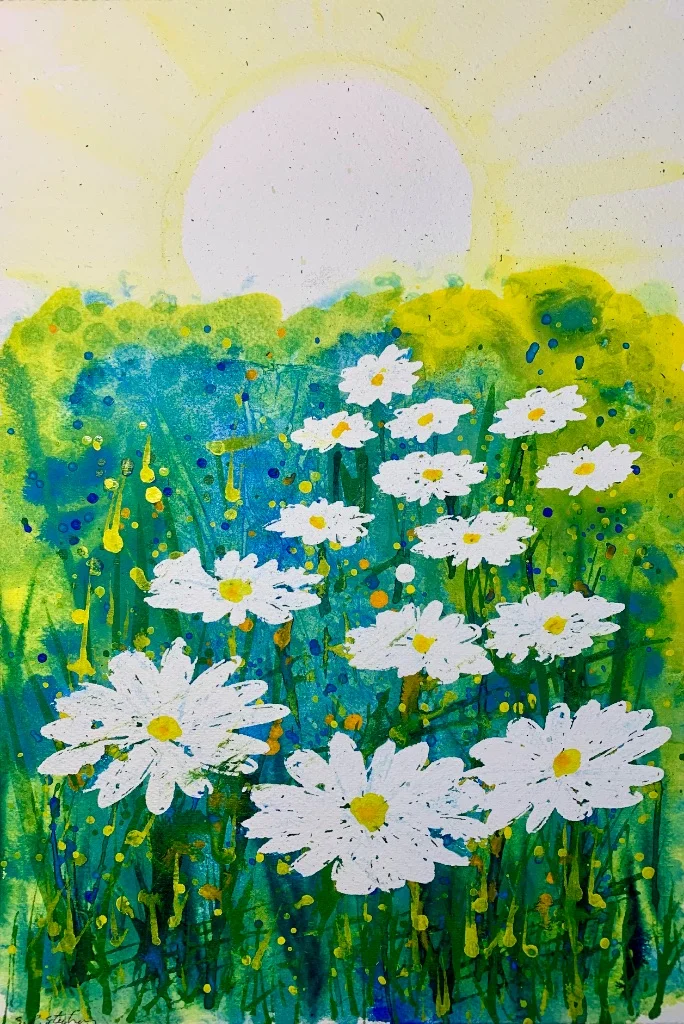 Daisy Field Serenity - Hand-painted watercolour flower painting by Simon Robin Stephens