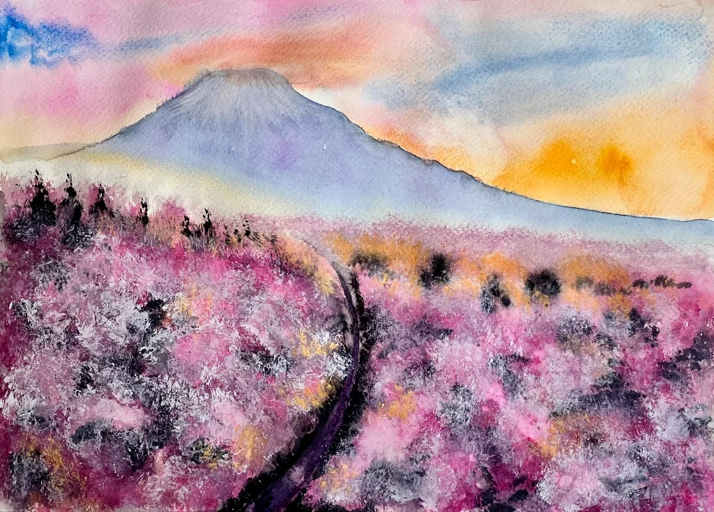 Blossom in Japan with Mount Fuji - Hand-painted watercolour flower painting by Simon Robin Stephens