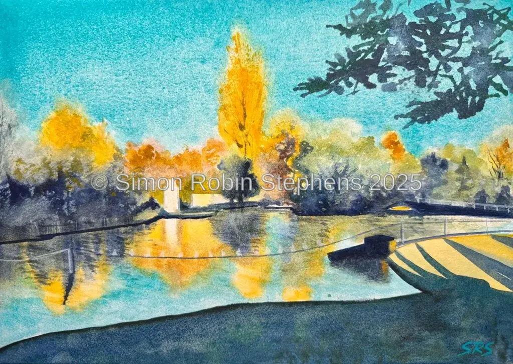 Golden Reflections at Grove Park, Carshalton - Watercolour by Simon Robin Stephens
