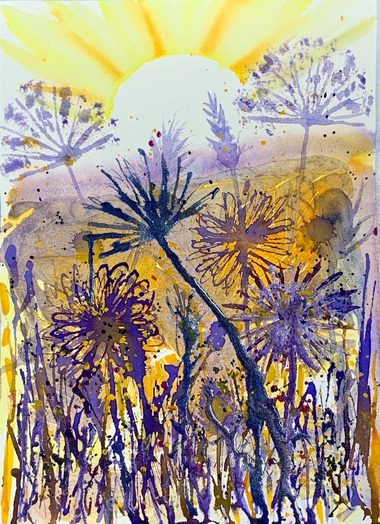 Purple Allium Sunrise - Hand-painted watercolour flower painting by Simon Robin Stephens