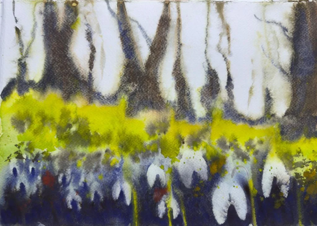 Snowdrops in Spring Woods - Hand-painted watercolour flower painting by Simon Robin Stephens