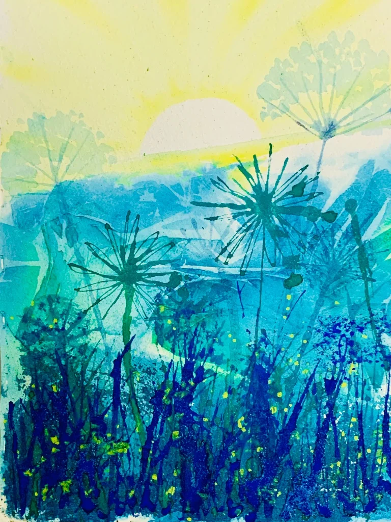 Teal Meadow Dream - Hand-painted watercolour flower painting by Simon Robin Stephens