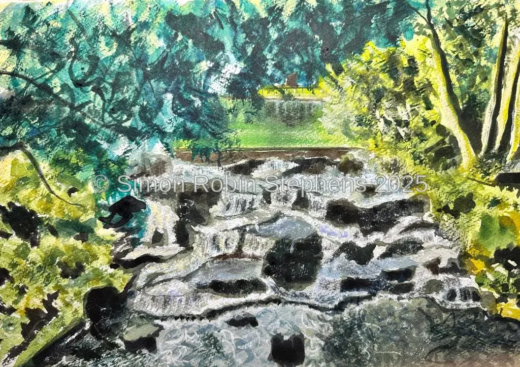 The Grove Waterfall, Carshalton - Watercolour by Simon Robin Stephens