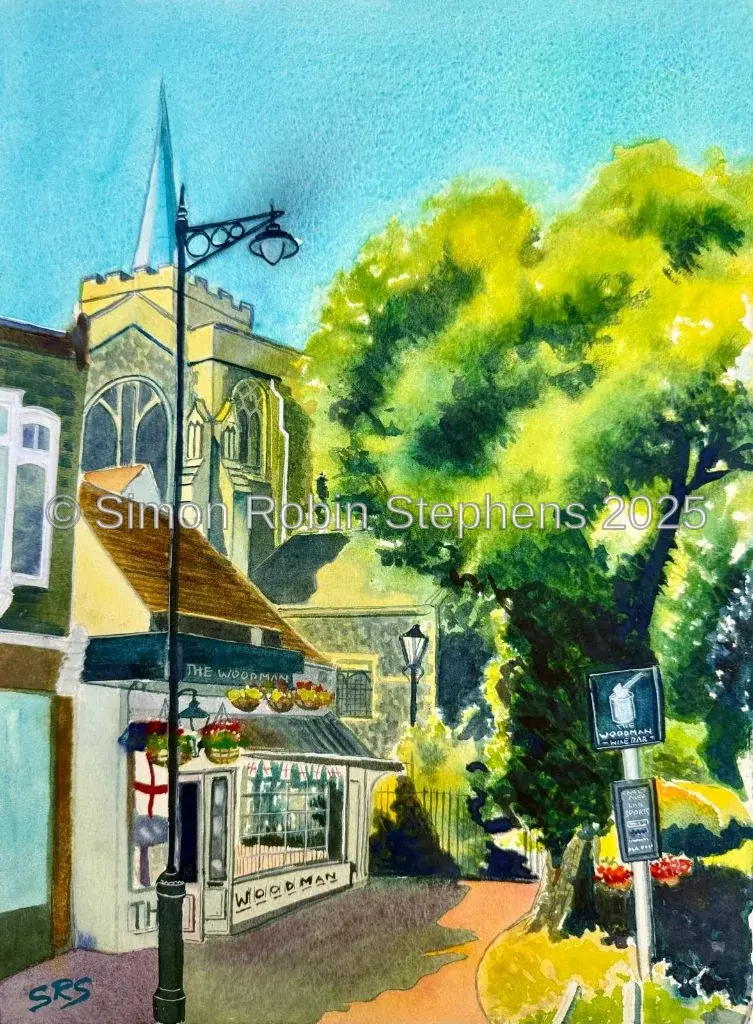 The Woodman and All Saints Carshalton - Watercolour by Simon Robin Stephens