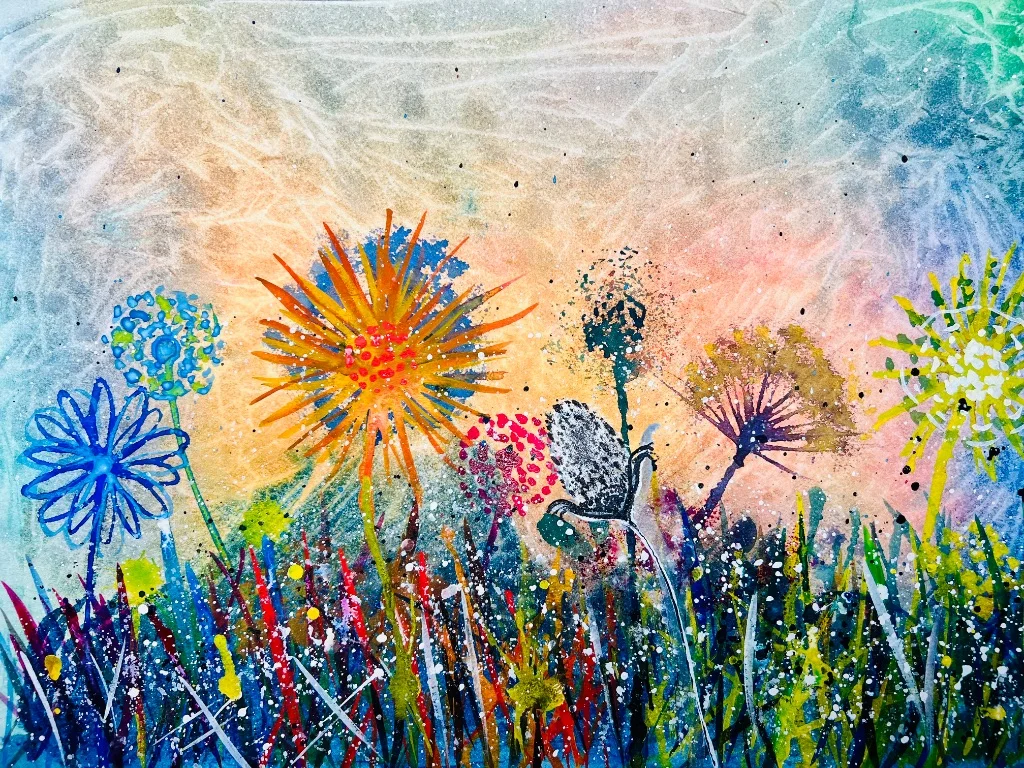 Heather Moorland with Mountain - Hand-painted watercolour flower painting by Simon Robin Stephens