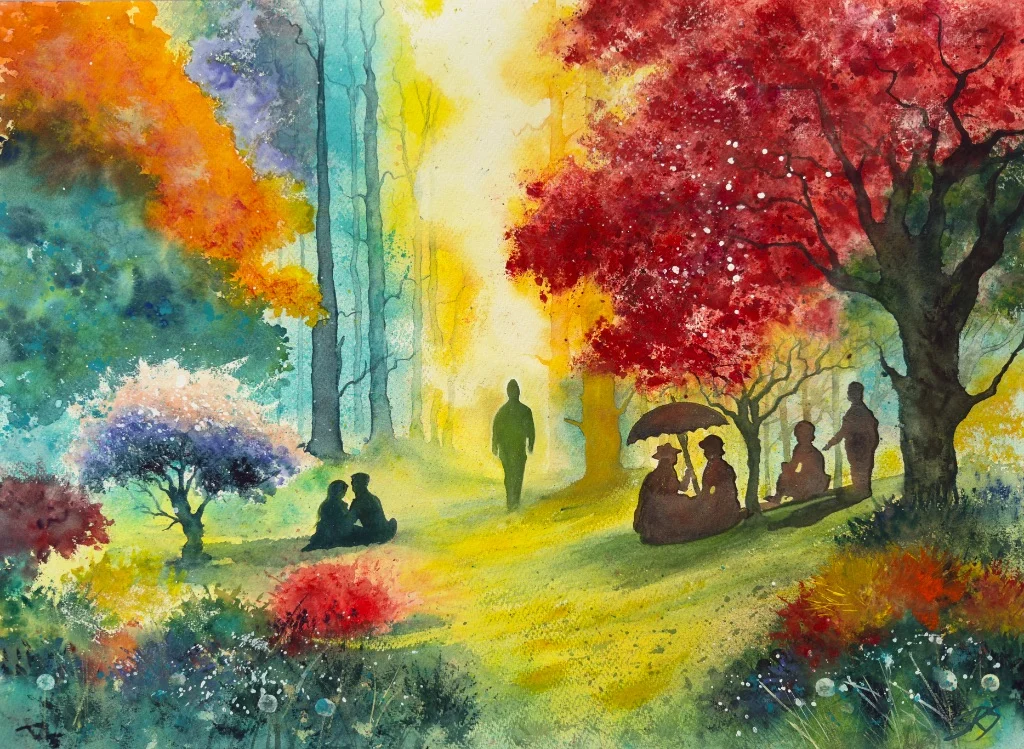 Peaceful watercolour landscape of autumn park with silhouettes, inspired by Surrey and South London parks. Therapeutic watercolour art for calm spaces by Simon Robin Stephens.