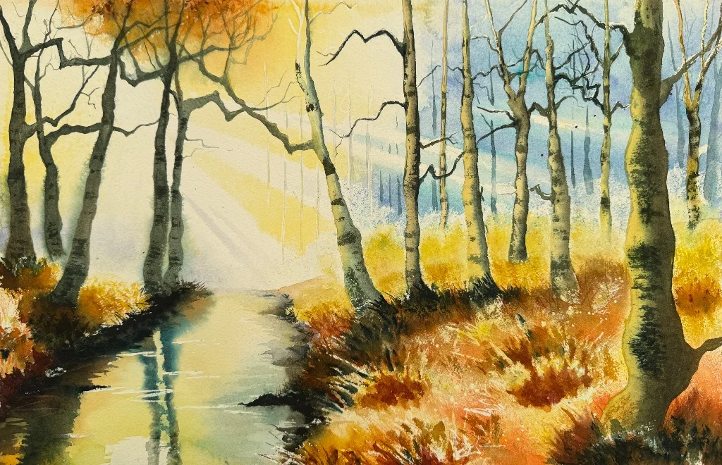 Serene watercolour painting of birch forest path in autumn. Mindful landscape art for therapy rooms and wellness spaces. Hand-painted by neurodivergent artist in Carshalton, Surrey.