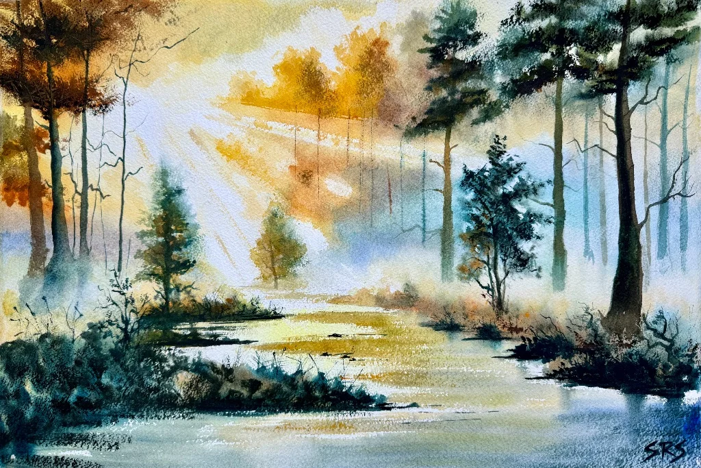 Tranquil watercolour of misty forest with golden light. Original therapeutic art for calming overstimulated minds. Created by ADHD watercolour artist Simon Robin Stephens in South London.