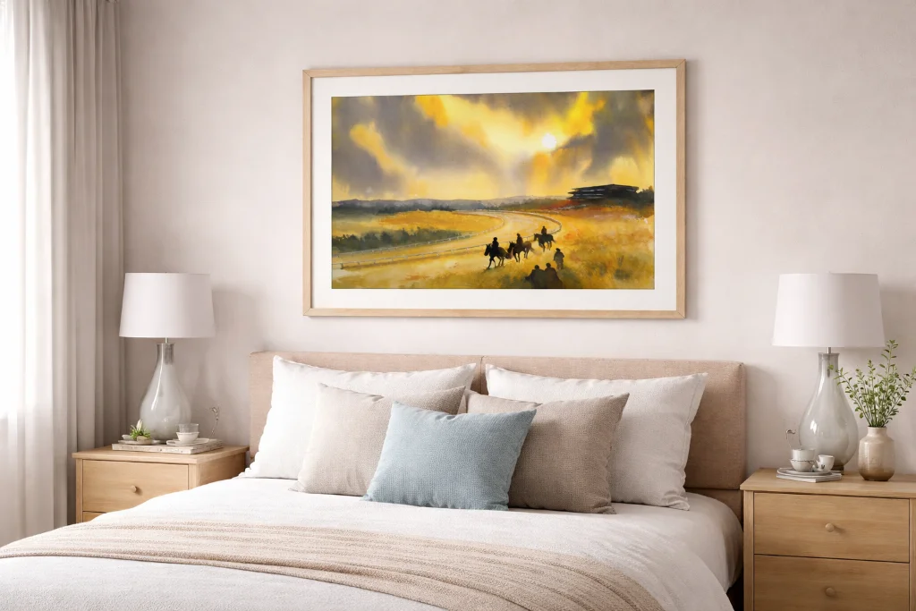 Racing Thoughts Golden Calm watercolour painting framed and displayed above bedroom headboard