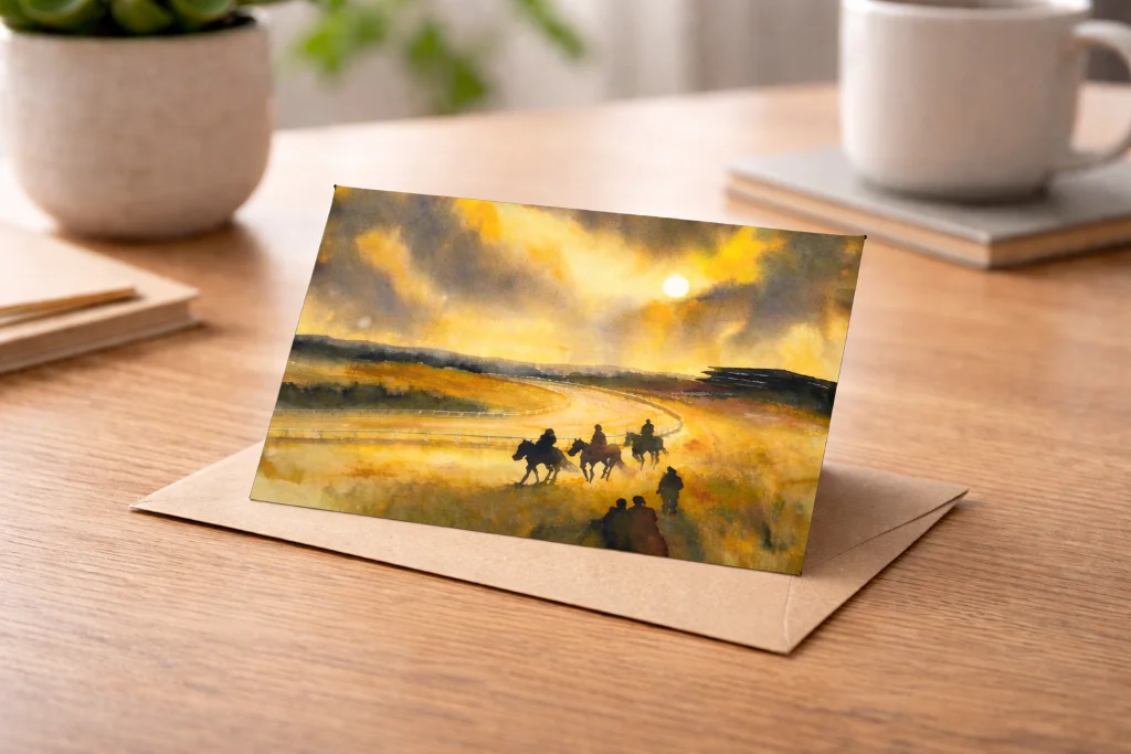 Racing Thoughts Golden Calm watercolour art displayed as a greeting card on a wooden desk with envelope
