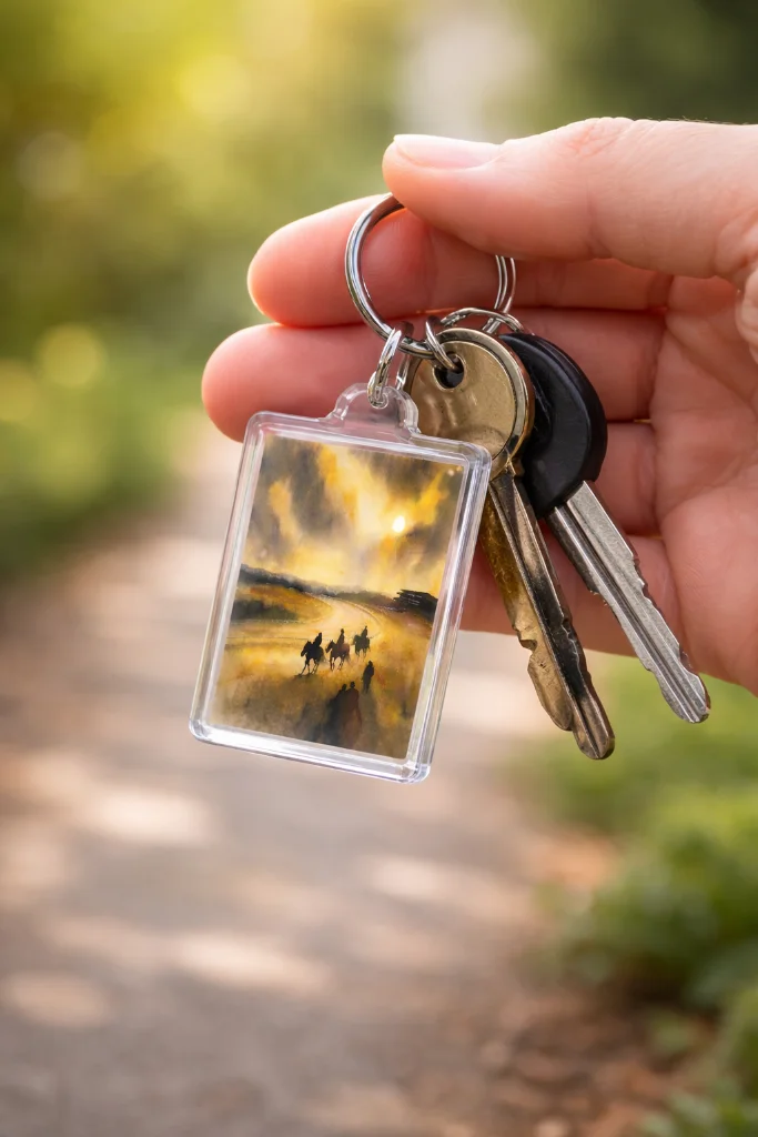 Racing Thoughts Golden Calm watercolour art keyring held in hand with house keys