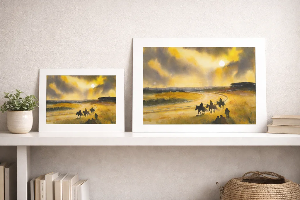 Racing Thoughts Golden Calm artwork shown in two different print sizes on shelf