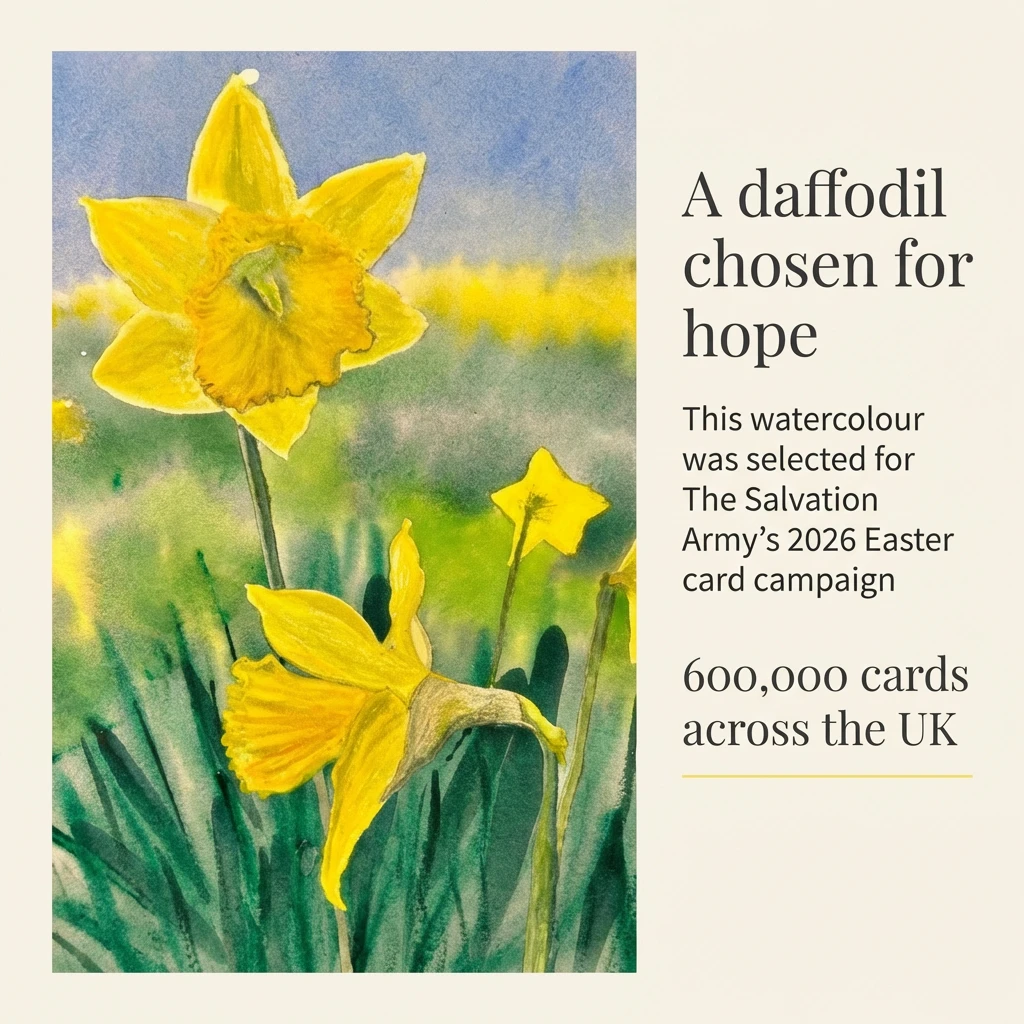Hope In Bloom — watercolour by Simon Robin Stephens, selected for The Salvation Army Easter card 2026