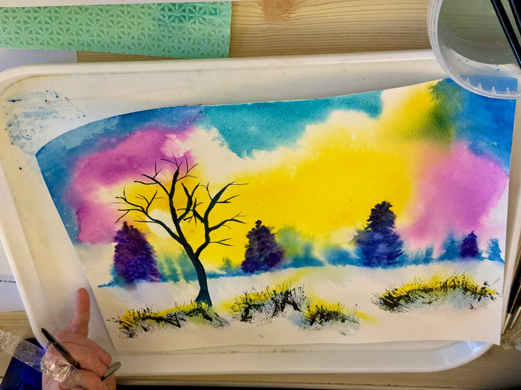 Beautiful watercolour landscape painting created by beginner in Carshalton workshop