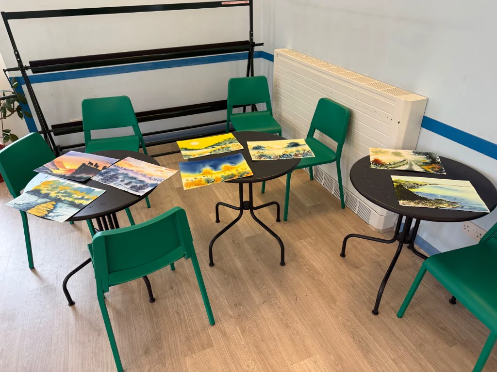 Collection of finished watercolour landscape paintings from workshop students