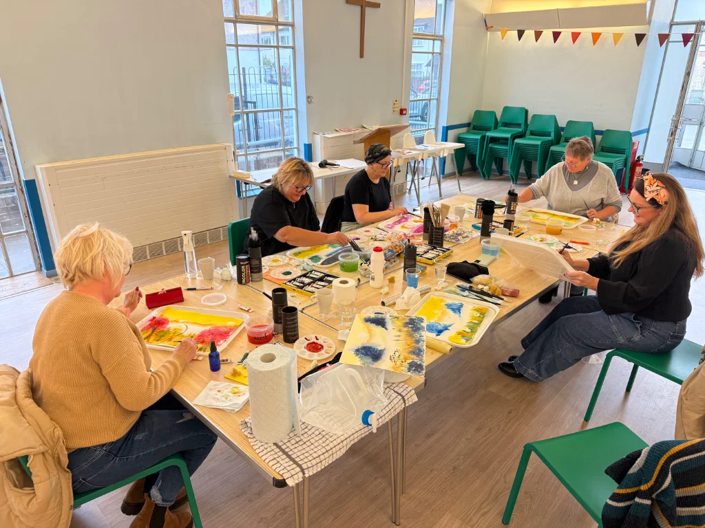 Watercolour painting workshop in progress at Salvation Army Carshalton with small group instruction